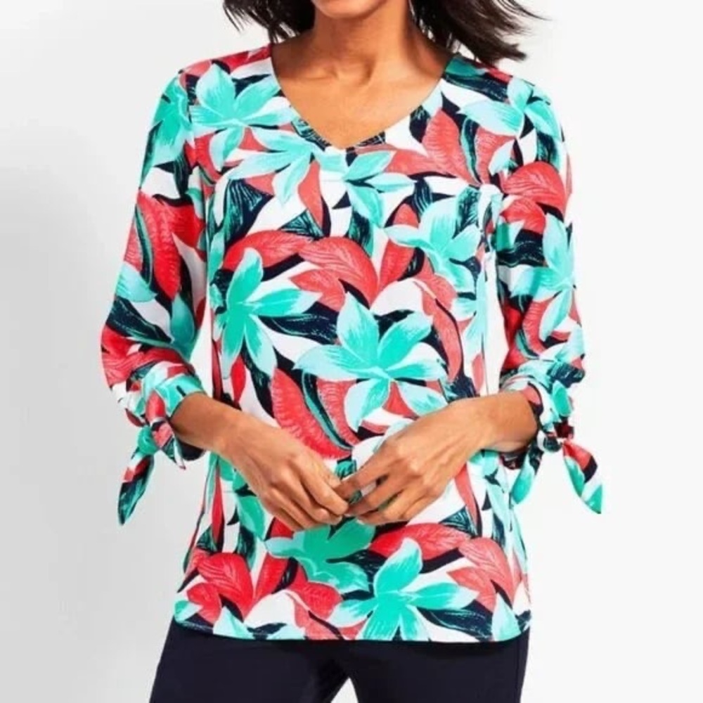 Talbots Tropical Print Top 3/4 Sleeves with Ties V-neck Size Large Petite